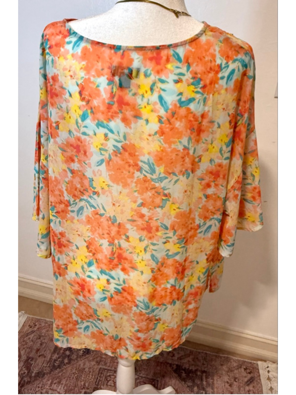 Jason Wu Floral Embroidered Blouse L Orange Yellow, beaded, dolman, flowy - Picture 5 of 9